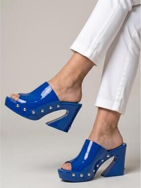 Dolce & Gabbana Blue Patent Leather Studded Platform Clog Mules EU 39 NIB